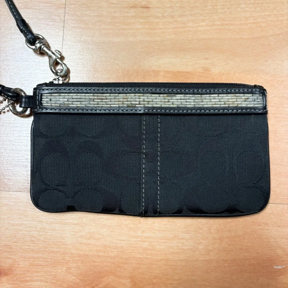 Coach Black Beaded Signature Wristlet Zip Closure Pouch